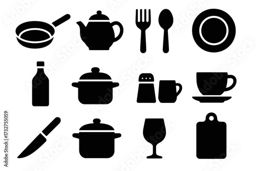 Silhouettes of kitchen utensils: pan, teapot, utensils, plate, cutting board