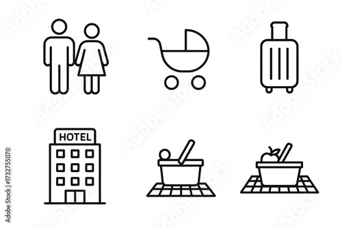 Outline icons: family, baby stroller, suitcase, hotel, shopping basket, picnic