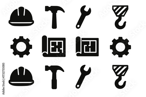 Construction icons: helmets, tools, gears, blueprints, and crane hooks