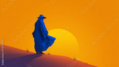 Touareg traveler in vivid blue robe standing against orange sahara desert sunset minimal vector illustration background.