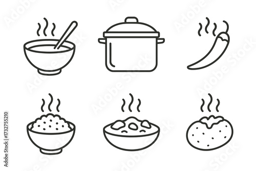 Outline icons of hot food: soup, pot, chili pepper, rice, stew, baked potato