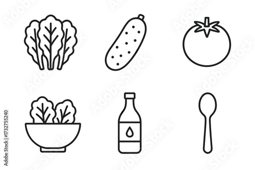Outline icons of vegetables, salad, dressing bottle, and spoon