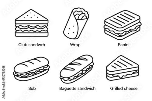 Line art illustrations of various sandwich types including club, wrap, panini, sub, baguette, and grilled cheese