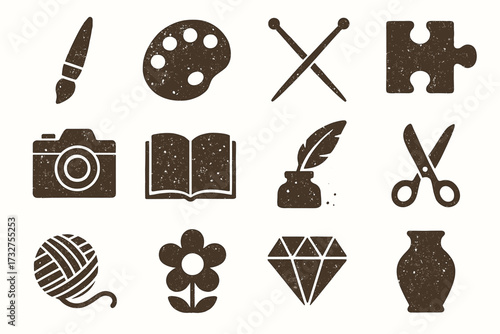 Artistic hobby icons: paintbrush, palette, knitting, puzzle, camera, book, quill, scissors, yarn