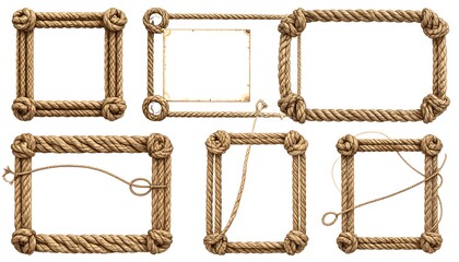 A collection of seven empty, rectangular frames crafted from thick, textured ropes with intricate knots at each corner