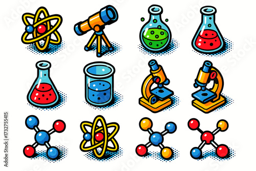 Colorful science icons: molecules, microscopes, telescopes, flasks, and beakers