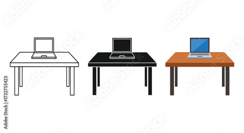 Laptop on desk illustration set in outline solid black and color vector design for office or home workspace