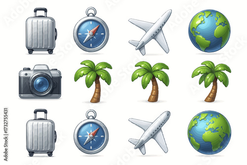 Travel adventure icons: suitcase, compass, airplane, camera, palm trees, globe
