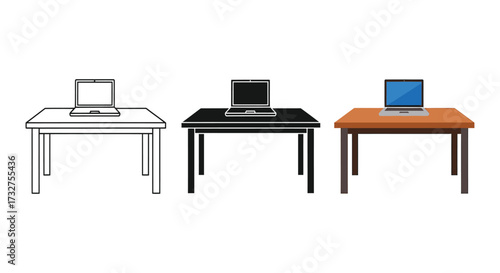 Set of laptop on desk illustrations vector design element for office work and online learning isolated on white background