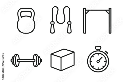 Minimalist workout icon set featuring kettlebell, jump rope, barbell, stopwatch, pull-up bar, and plyometric box