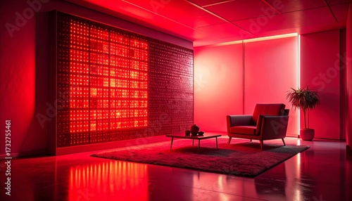 Futuristic living room interior with atmospheric red ambient lighting.