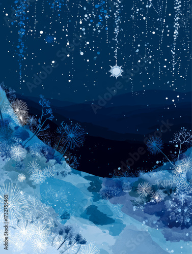 Hanging snowflakes sparkling across midnight winter sky with frosty solstice background and magical festive copy space design.