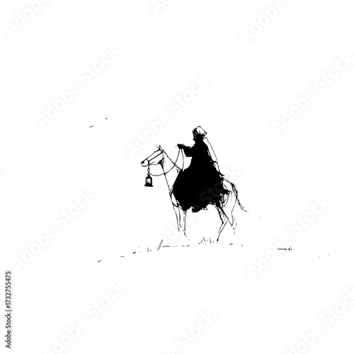 A lone figure on horseback cloaked in darkness carrying a lantern through a desolate landscape scene