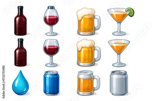 Variety of drink icons: wine, beer, cocktail, water, soda
