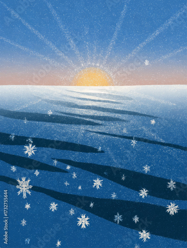 Glittering snowflakes over sunrise tundra landscape with frosty solstice background and festive winter copy space design.