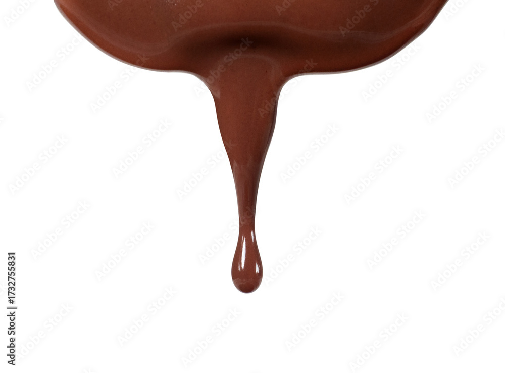 Obraz premium Melted chocolate drop dripping down on a transparent background. Smooth brown liquid with glossy texture, delicious dessert concept