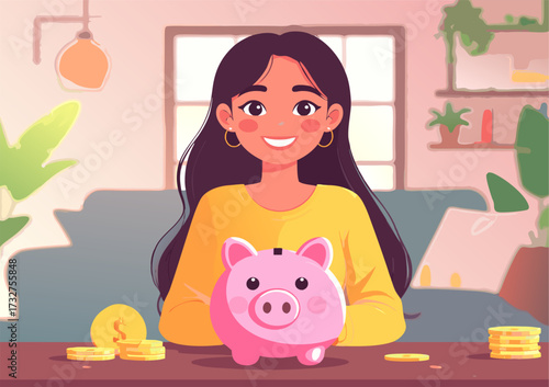 Woman Saving Money with Piggy Bank