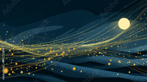 Glowing golden autumn leaves swirling with fireflies under moonlit night sky in decorative vector background illustration.