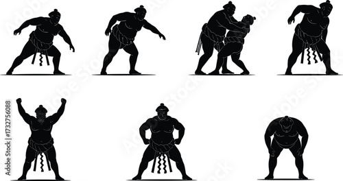 Silhouettes of powerful sumo wrestlers in dynamic poses, including fighting, celebrating, and ceremonial stances, a vector illustration for martial arts and sport design