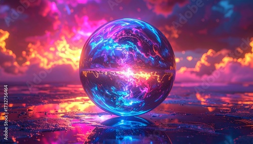 Mystical Glowing Orb Reflecting a Vibrant Sunset Sky.