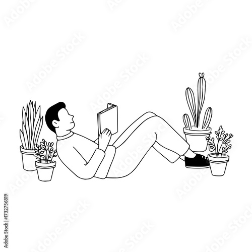 Man reading a book while lying down surrounded by potted plants in a minimalist black and white illustration