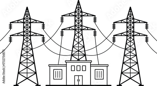 Illustration of electrical power grid transmission towers and substation building