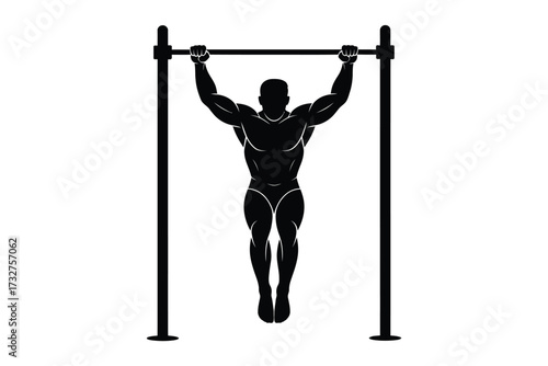 Muscular man performing a pull up exercise on a horizontal bar