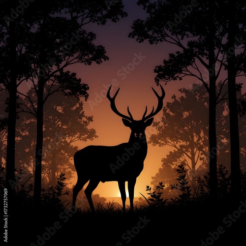 Majestic stag silhouetted against a fiery sunset in a dark forest
