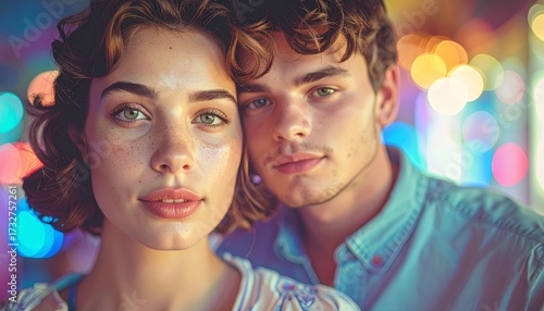 Close-up portrait of a young couple with bokeh lights in the background, showcasing their connection and affection.