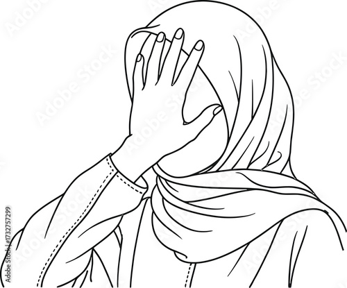 Illustration of woman in hijab covering face with hand line art drawing style