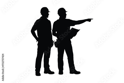 Two construction workers in silhouette pointing and holding blueprints