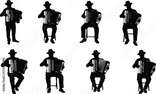 Collection of accordionist silhouettes in various poses, including standing and sitting, a vector illustration for music, performance, and folk themes