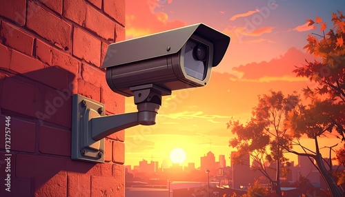 Security Camera Overlooking City at Sunset - Digital Illustration.