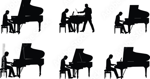 Collection of classical pianist silhouettes in various poses, including playing the piano and with a conductor, for music, orchestra, and band themes