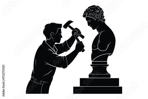 Sculptor carving a bust with hammer and chisel