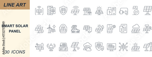 Minimal line icons of smart solar panel. With energy, grid, inverter, battery, storage, charger, sensor, and eco power. Perfect for apps, web, UI, renewable, and green projects.