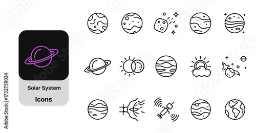 Solar system and planets line icon set. Vector pictograms of sun, earth, mars, jupiter, saturn, orbit, comet, asteroid belt, thin outline illustration.