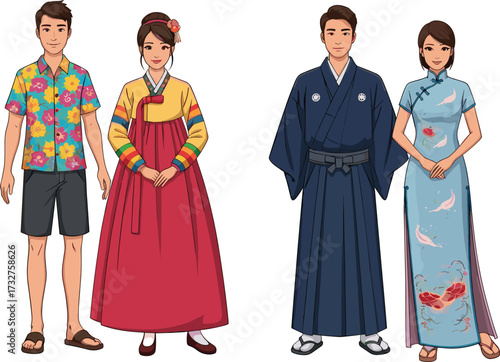Group of people, wearing Asian traditional clothing, cultural fashion, ethnic costumes, international attire, heritage dress, cultural diversity, traditional outfits, celebration, culture