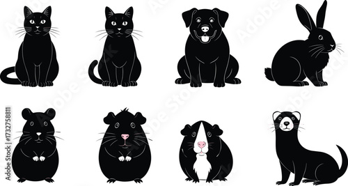 Cute black pet animals including cats, a dog, a rabbit, guinea pigs, and a ferret, in a cartoon style, isolated on a white background