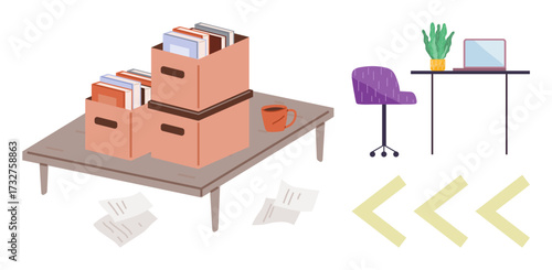 Books and documents neatly placed in storage boxes on a table, scattered papers nearby, laptop and plant on desk, purple chair. Ideal for productivity, organization, learning, work-from-home, study
