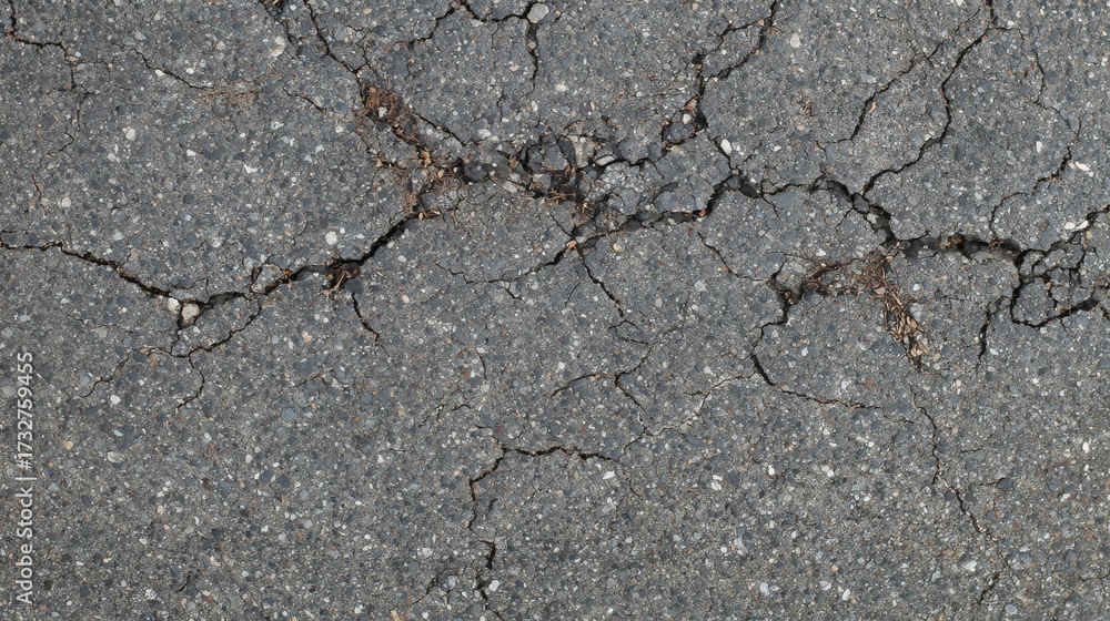 Obraz premium Cracked Asphalt Texture: A detailed texture of cracked asphalt reveals the story of time, wear, and tear with its complex pattern of fissures and flaws.