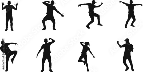 Dynamic silhouettes of people dancing hip-hop, breakdancing, and performing street dance moves for youthful urban lifestyle themes