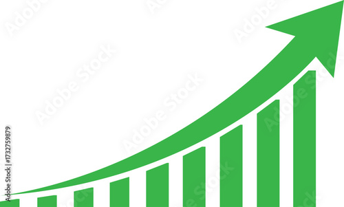 green upward growth chart with ascending bars and arrow showing sustainable business success isolated on white background.