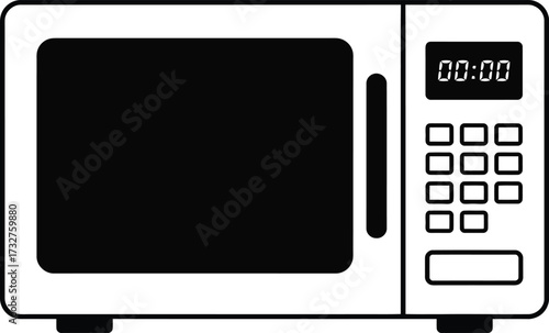 Simple Black and White Microwave Oven Vector Illustration with Digital Timer