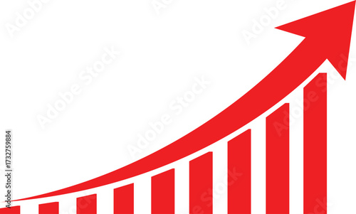 red upward growth chart with ascending bars and arrow showing business profit trend isolated on white background.