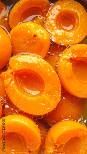 Close-up of preserved apricots in syrup