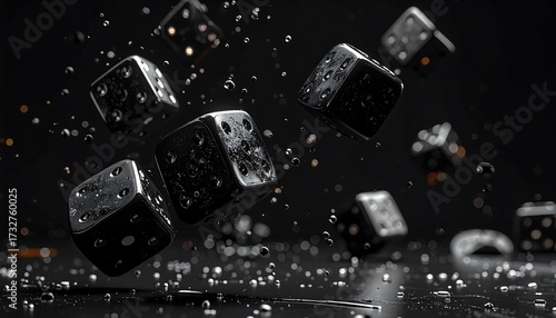A dramatic shot of multiple black dice suspended in mid-air with water droplets, creating a dynamic and visually appealing composition