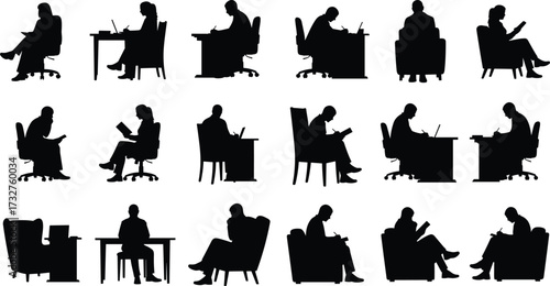 Silhouette people sitting on chairs reading books writing notes working on laptops office desk study learning education productivity vector illustration