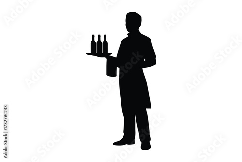 Silhouette of a waiter holding a tray with wine bottles