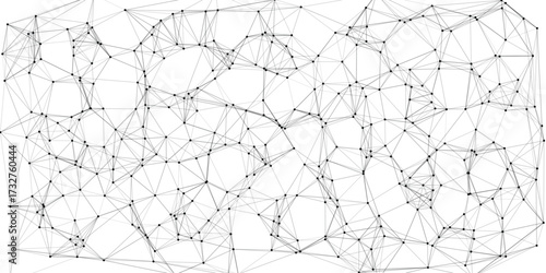 Abstract network of interconnected black dots and grey lines forming a complex geometric mesh pattern on a white background representing data connections or scientific structures